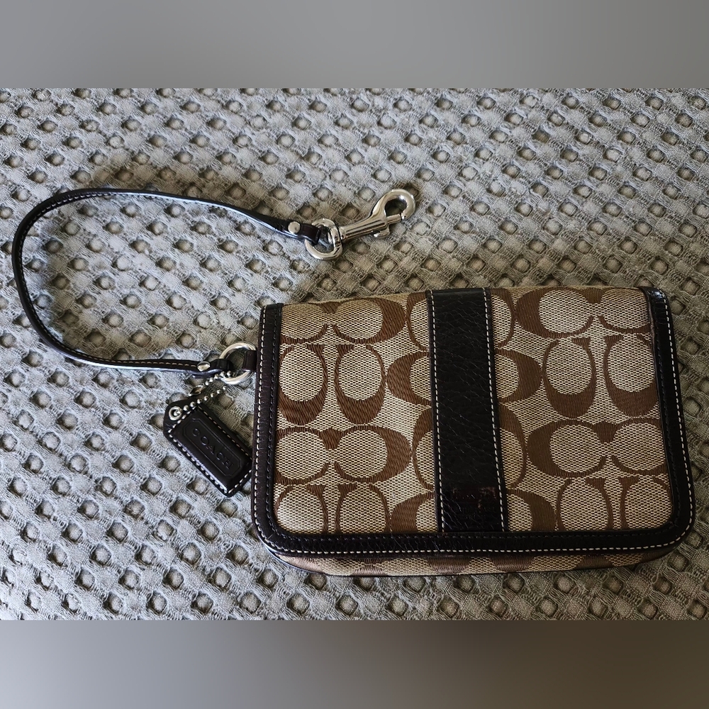 COACH Wristlet Clutch Deep Brown Canvas CC Monogram.